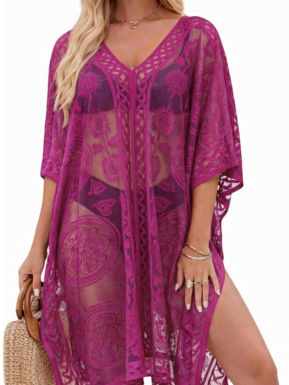 Lace raspberry swim cover up
